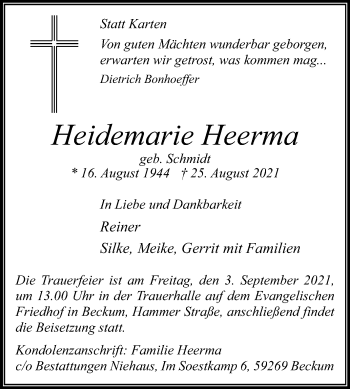 Traueranzeige von Heidemarie Heerma von Die Glocke