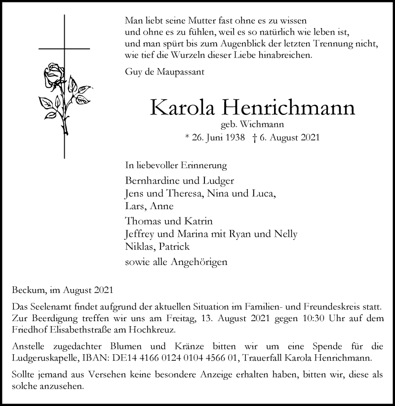  Traueranzeige für Karola Henrichmann vom 10.08.2021 aus Die Glocke