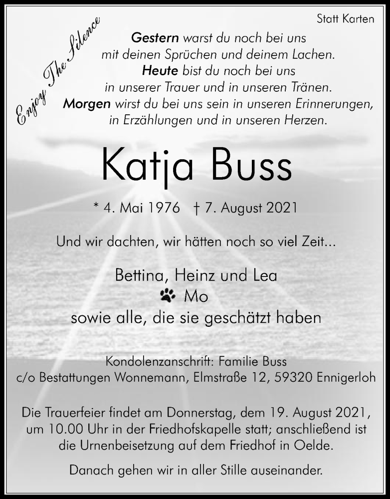  Traueranzeige für Katja Buss vom 14.08.2021 aus Die Glocke