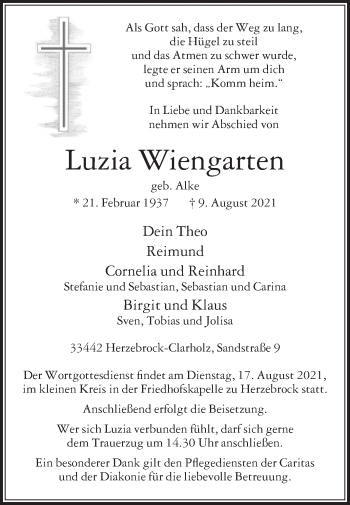 Traueranzeige von Luzia Wiengarten von Die Glocke