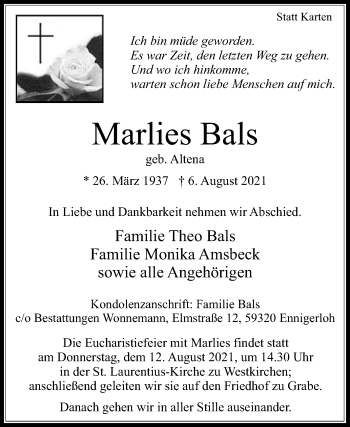 Traueranzeige von Marlies Bals von Die Glocke