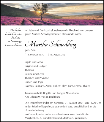 Traueranzeige von Martha Schmedding von Die Glocke