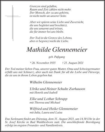 Traueranzeige von Mathilde Glennemeier von Die Glocke