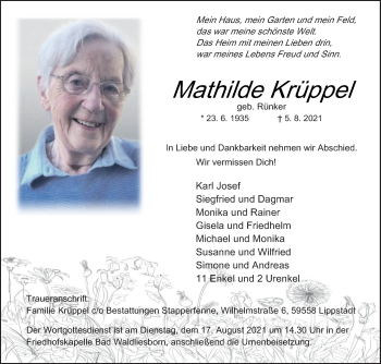 Traueranzeige von Mathilde Krüppel von Die Glocke