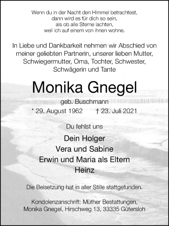 Traueranzeige von Monika Gnegel von Die Glocke