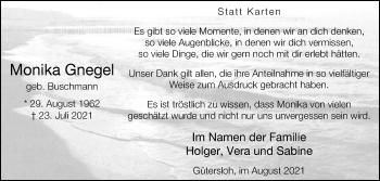 Traueranzeige von Monika Gnegel von Die Glocke