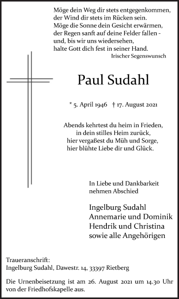 Traueranzeige von Paul Sudahl von Die Glocke