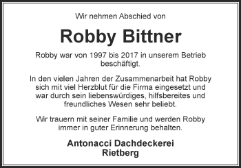 Traueranzeige von Robby Bittner von Die Glocke