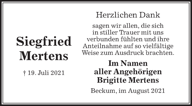  Traueranzeige für Siegfried Mertens vom 21.08.2021 aus Die Glocke