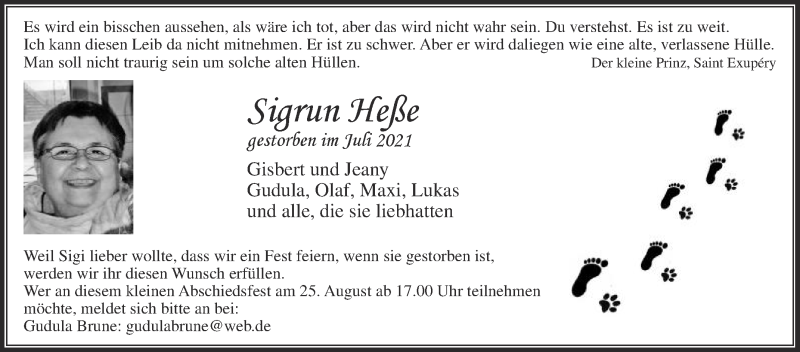  Traueranzeige für Sigrun Heße vom 14.08.2021 aus Die Glocke