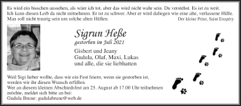 Traueranzeige von Sigrun Heße von Die Glocke