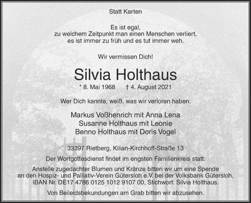  Traueranzeige für Silvia Holthaus vom 07.08.2021 aus Die Glocke