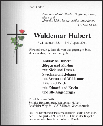 Traueranzeige von Waldemar Hubert von Die Glocke