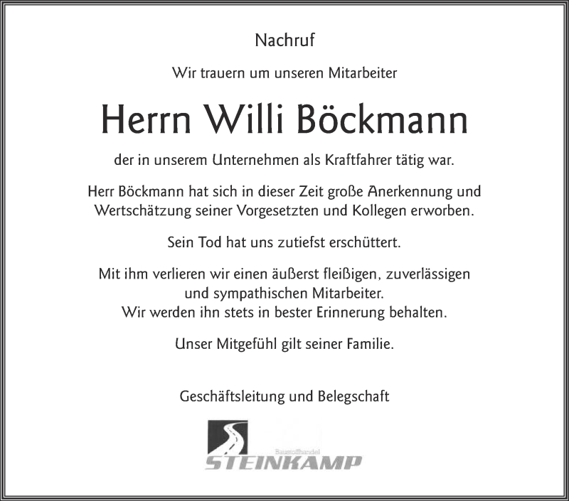  Traueranzeige für Willi Böckmann vom 17.08.2021 aus Die Glocke