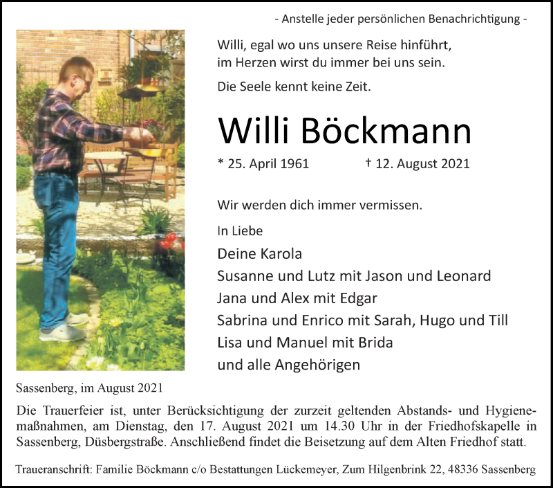  Traueranzeige für Willi Böckmann vom 16.08.2021 aus Die Glocke