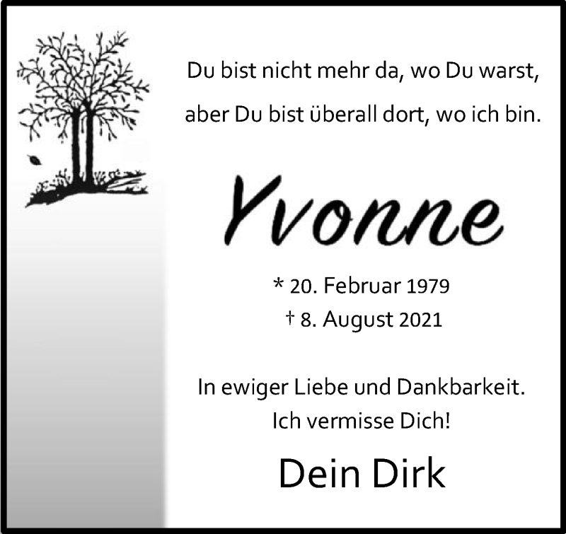  Traueranzeige für Yvonne  vom 14.08.2021 aus Die Glocke