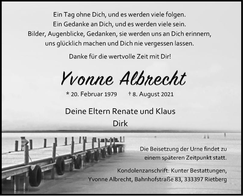  Traueranzeige für Yvonne Albrecht vom 14.08.2021 aus Die Glocke