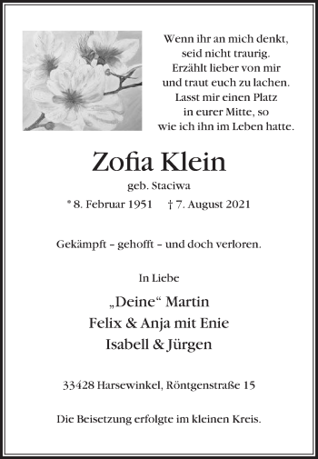 Traueranzeige von Zofia Klein von Die Glocke