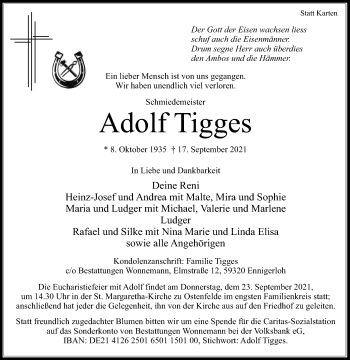 Traueranzeige von Adolf Tigges von Die Glocke