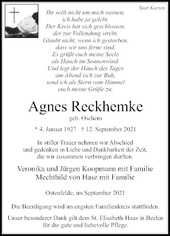 Traueranzeige von Agnes Reckhemke von Die Glocke