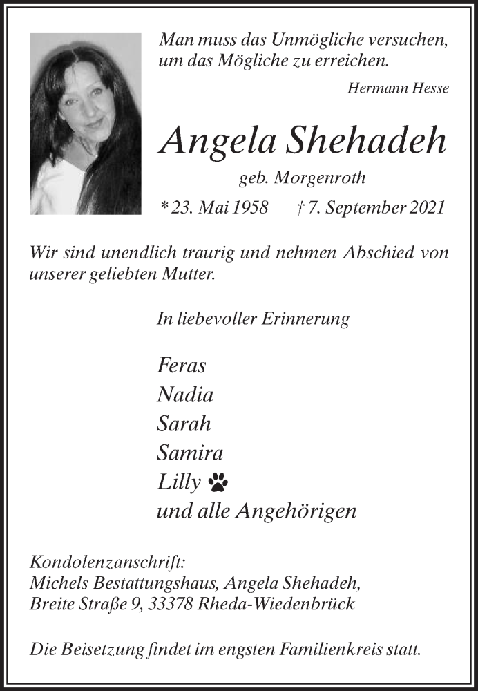  Traueranzeige für Angela Shehadeh vom 11.09.2021 aus Die Glocke