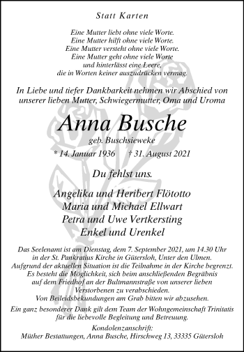 Traueranzeige von Anna Busche von Die Glocke