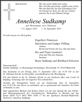 Traueranzeige von Anneliese Sudkamp von Die Glocke