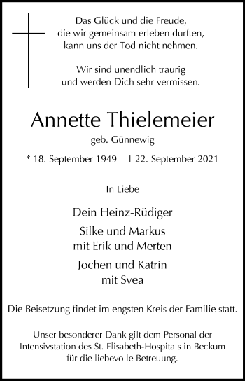 Traueranzeige von Annette Thielemeier von Die Glocke