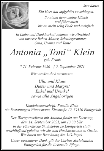 Traueranzeige von Antonia Klein von Die Glocke