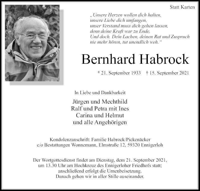  Traueranzeige für Bernhard Habrock vom 18.09.2021 aus Die Glocke