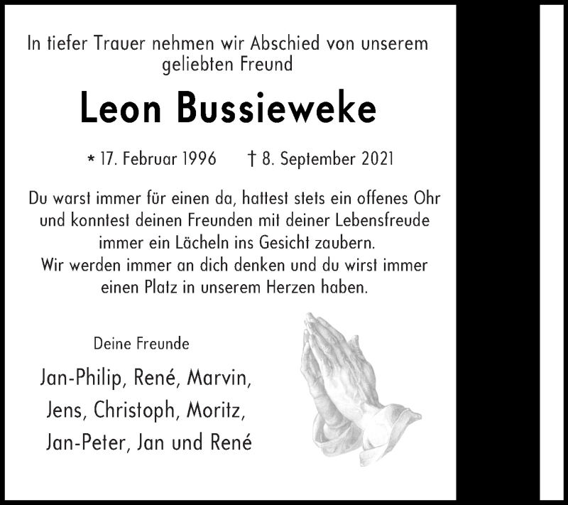  Traueranzeige für Leon Bussieweke vom 22.09.2021 aus Die Glocke