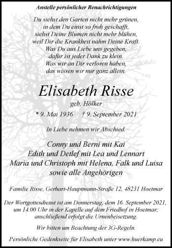Traueranzeige von Elisabeth Risse von Die Glocke