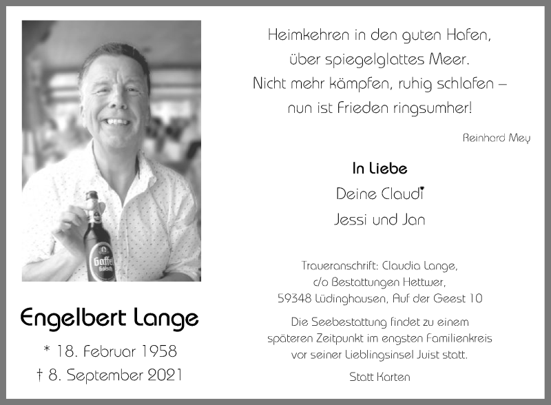  Traueranzeige für Engelbert Lange vom 15.09.2021 aus Die Glocke
