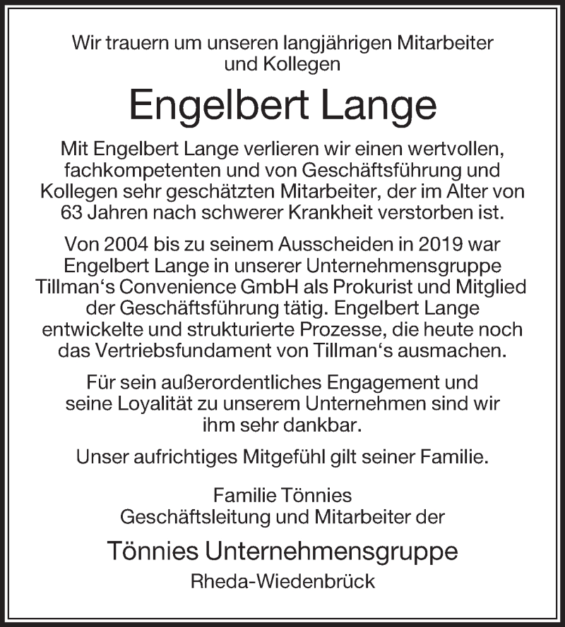  Traueranzeige für Engelbert Lange vom 15.09.2021 aus Die Glocke