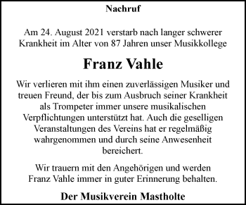 Traueranzeige von Franz Vahle von Die Glocke