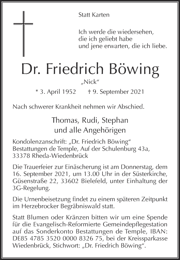  Traueranzeige für Friedrich Böwing vom 14.09.2021 aus Die Glocke