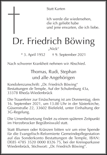 Traueranzeige von Friedrich Böwing von Die Glocke