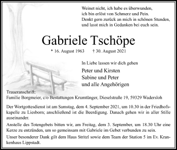 Traueranzeige von Gabriele Tschöpe von Die Glocke