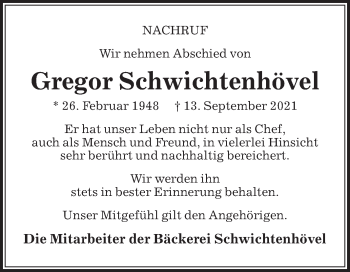 Traueranzeige von Gregor Schwichtenhövel von Die Glocke