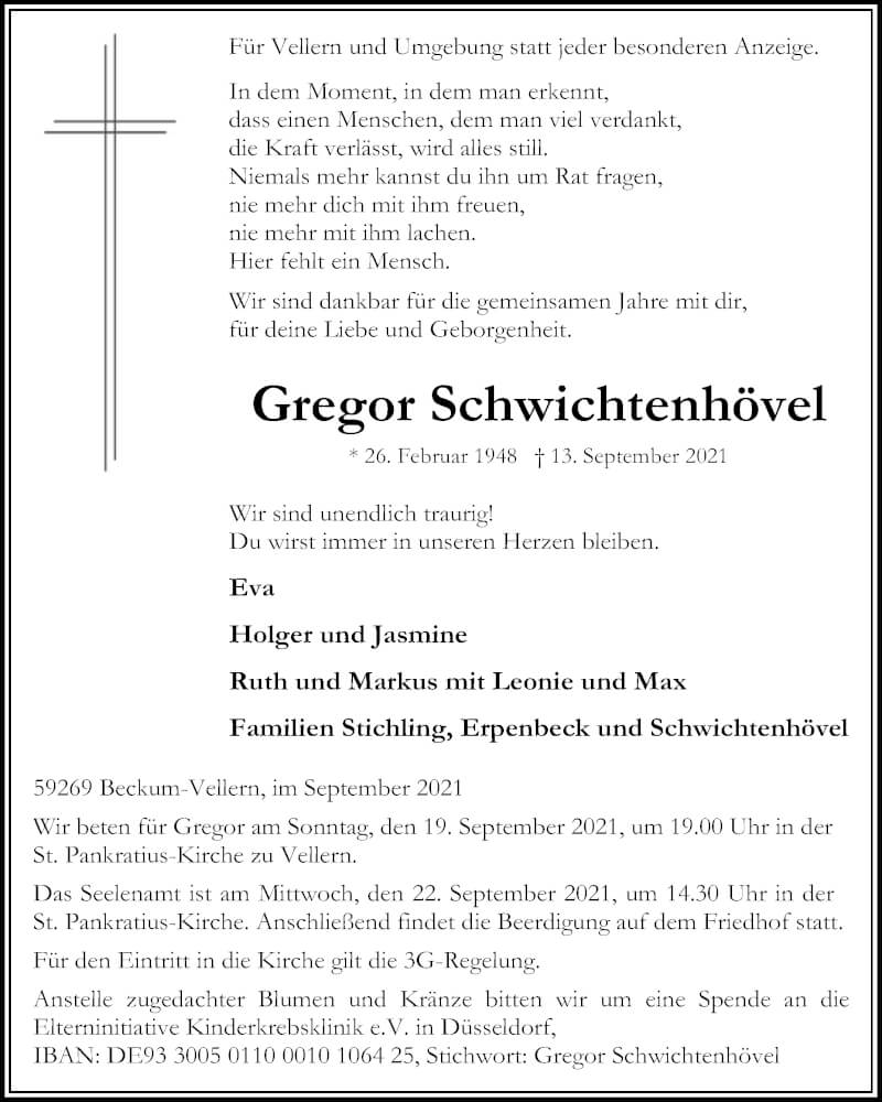  Traueranzeige für Gregor Schwichtenhövel vom 18.09.2021 aus Die Glocke