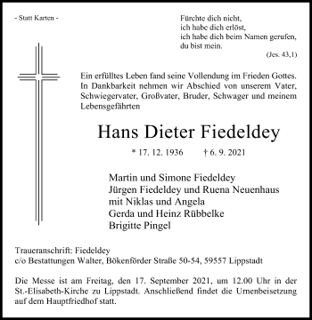 Traueranzeige von Hans Dieter Fiedeldey von Die Glocke