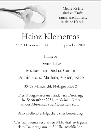 Traueranzeige von Heinz Kleinemas von Die Glocke