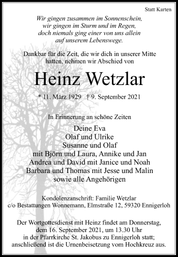 Traueranzeige von Heinz Wetzlar von Die Glocke
