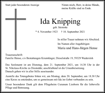 Traueranzeige von Ida Knipping von Die Glocke