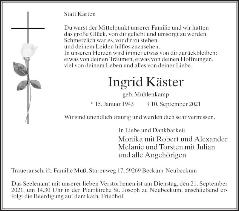  Traueranzeige für Ingrid Käster vom 18.09.2021 aus Die Glocke