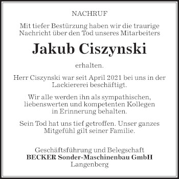 Traueranzeige von Jakub Ciszynski von Die Glocke
