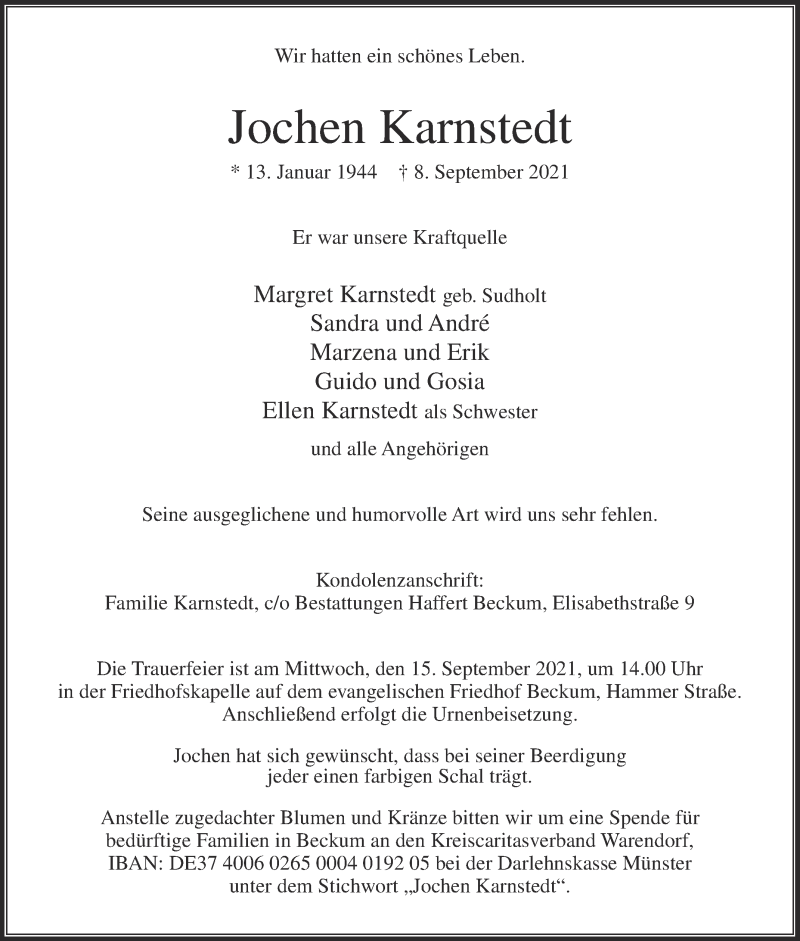  Traueranzeige für Jochen Karnstedt vom 11.09.2021 aus Die Glocke