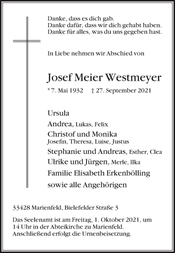 Traueranzeige von Josef Meier Westmeyer von Die Glocke