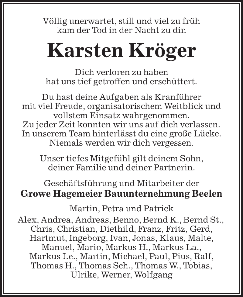  Traueranzeige für Karsten Kröger vom 25.09.2021 aus Die Glocke