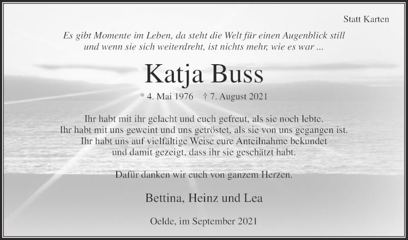  Traueranzeige für Katja Buss vom 18.09.2021 aus Die Glocke